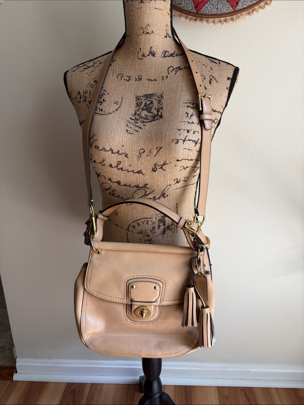 Coach Beige Leather Crossbody Satchel with Tassel